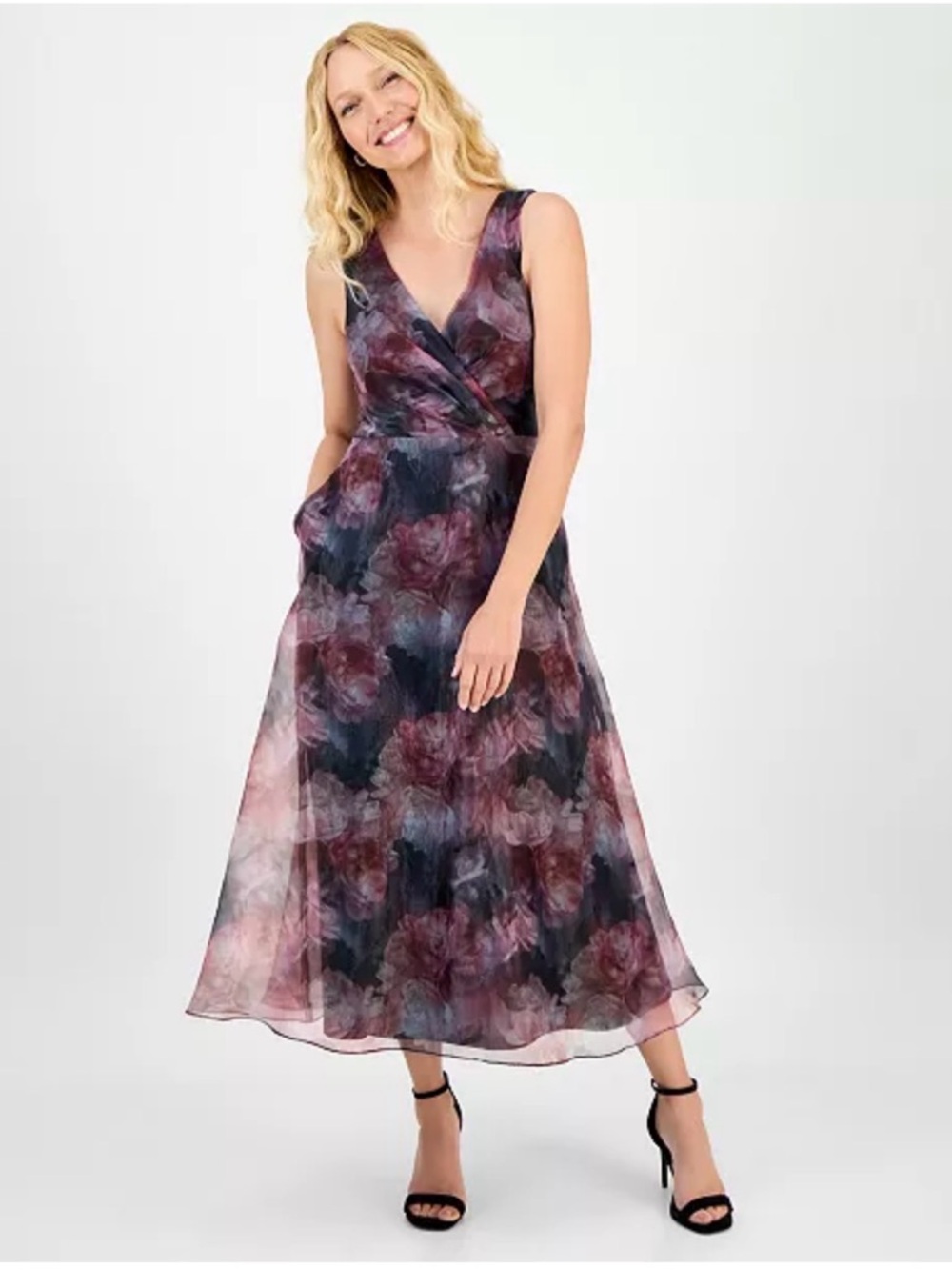 julia jordan Floral Mesh V-Neck Midi Dress in Plum and Navy